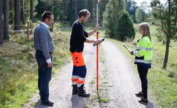 Lantmäteriutrustning med tre personer.