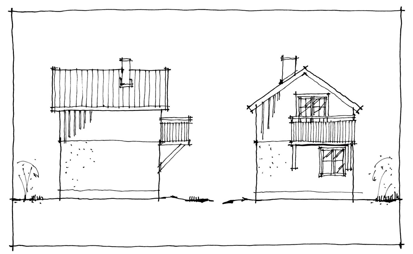 Illustration av en mindre byggnad med en balkong på andra våningen på ena gaveln