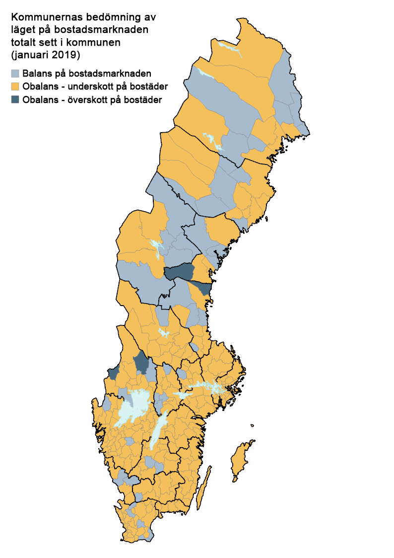 Samtliga kommuners bedömning av bostadsmarknadsläget som helhet, januari år 2019.