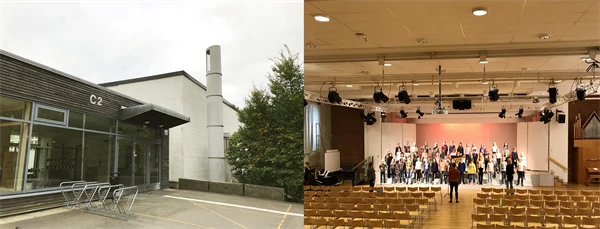 Foto på en aula utifrån samt på en ensemble som står inne i aulan.