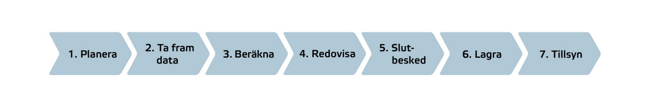 1 Planera. 2 Ta fram data. 3 Beräkna. 4 Redovisa. 5 Slutbesked. 6 Lagra. 7 Tillsyn.