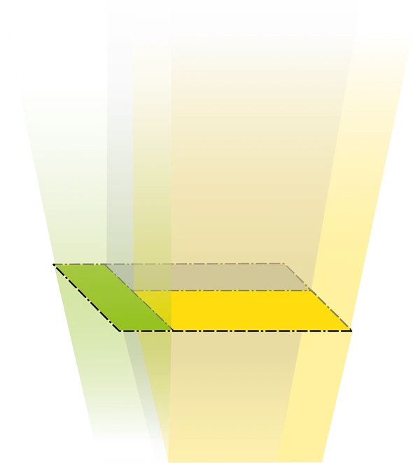 En detaljplan som är illustrerad genom tre olikfärgade fält. Fälten projiceras för att illustra en volym.