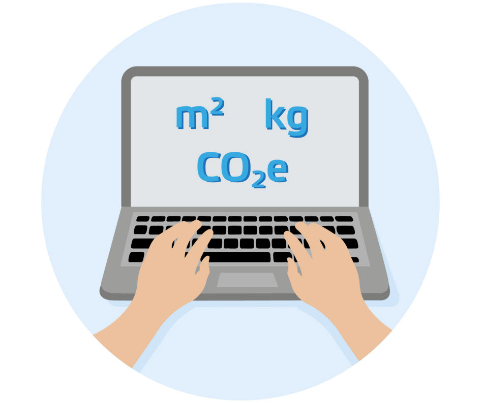 En dator där det står på skärmen vanliga begrepp i en klimatdeklarationer - kvadratmeter, kilogram, koldioxidekvivalenter.