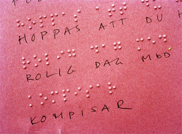 Foto på översatt Braille text med innebörd: Hoppas du har roligt med kompisar.
