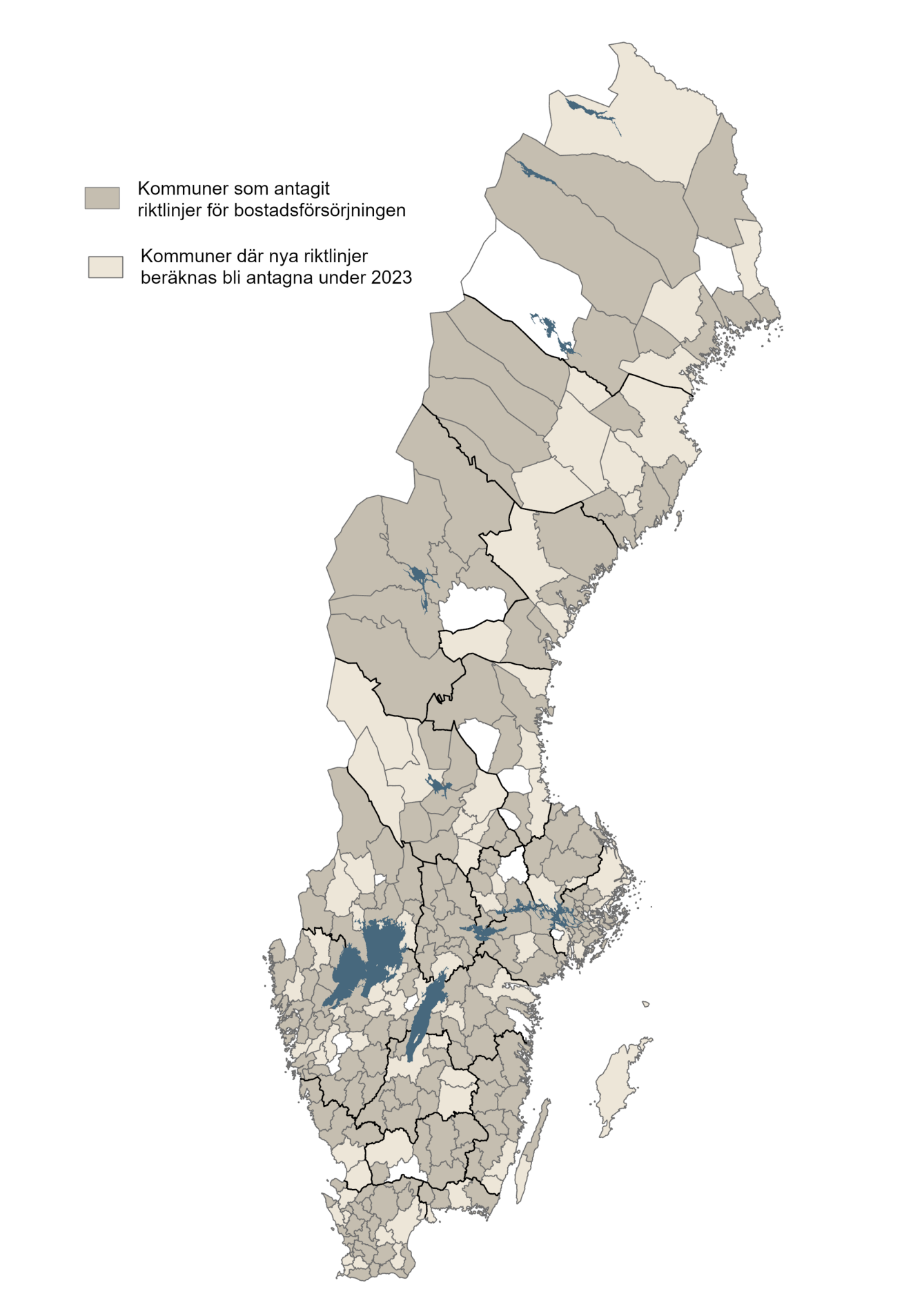 Karta över Sveriges kommuner som antagit riktlinjer för bostadsförsörjning.