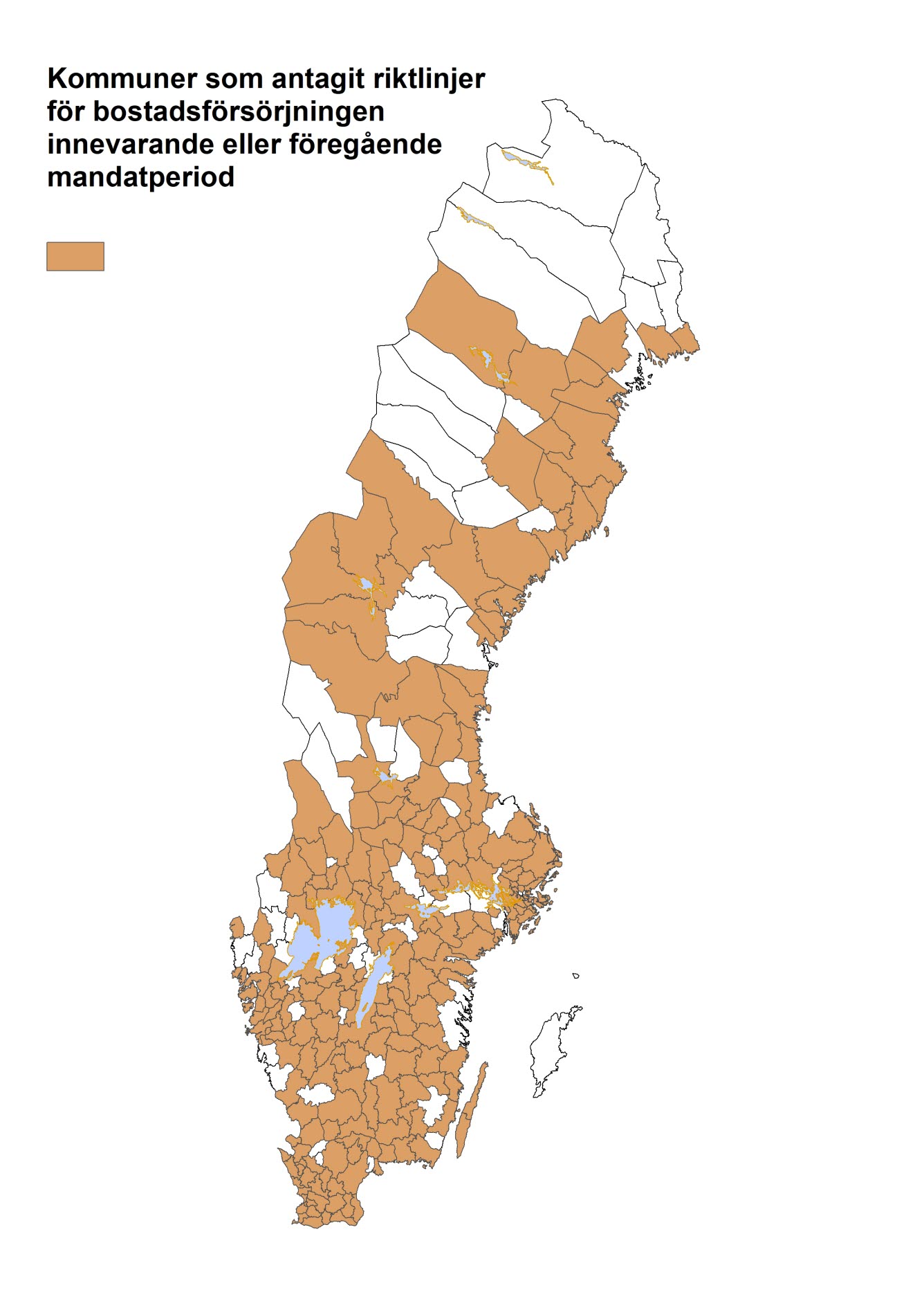 Karta över Sveriges kommuner som antagit riktlinjer för bostadsförsörjning under förra mandatperioden eller senare. Det är 228 kommuner som antagit riktlinjerna år 2015 eller senare.