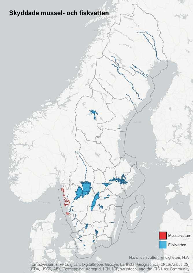 Sverigekarta där berörda vattenområden är markerade.