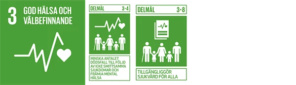 Symboler för globala målen: 3, 3.4 och 3.8