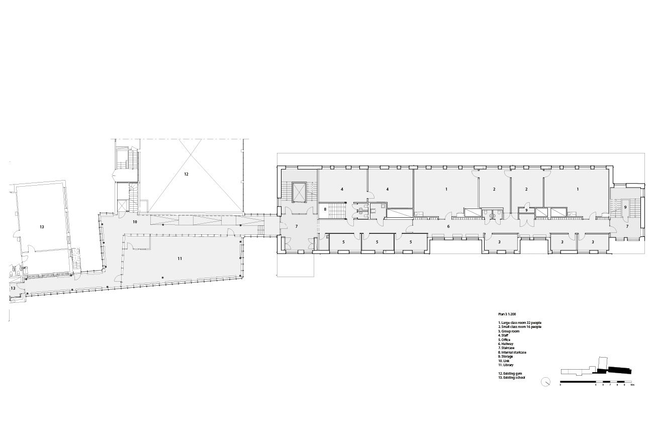 Arkitektritning över en del av skolan.