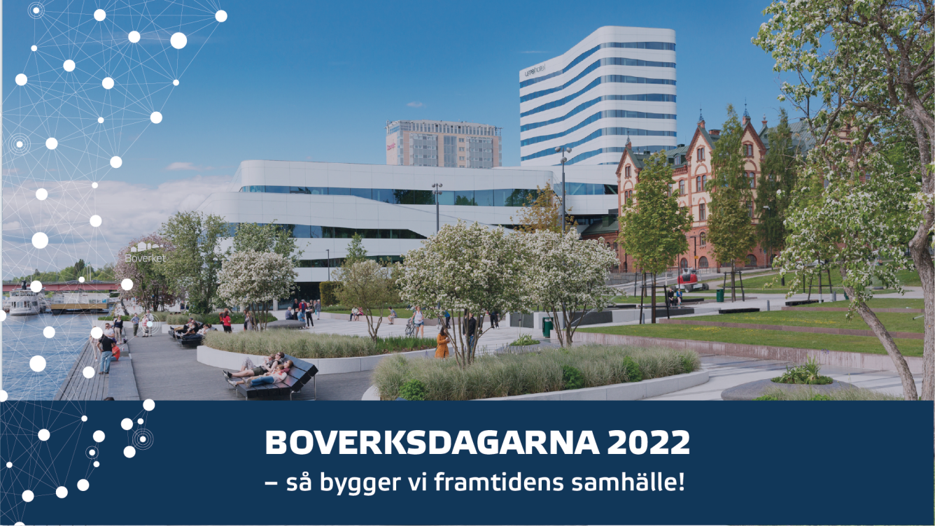 Samhälle med byggnader, människor och vatten. Text: Boverksdagarna 2022 - så bygger vi framtidens samhälle!