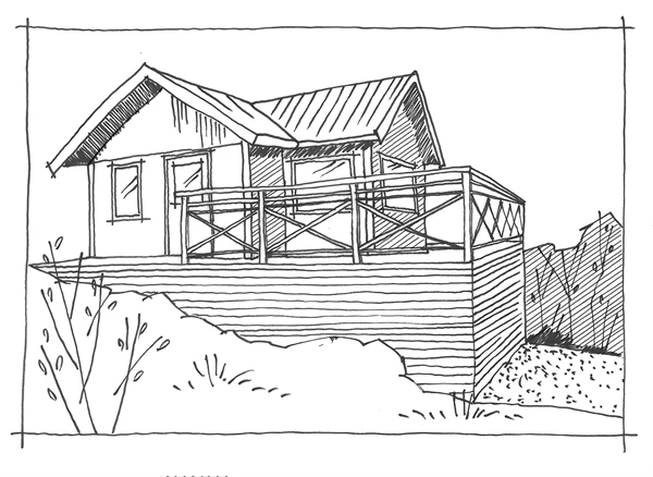 Illustration på en altan sammanbyggd med ett mindre fritidshus