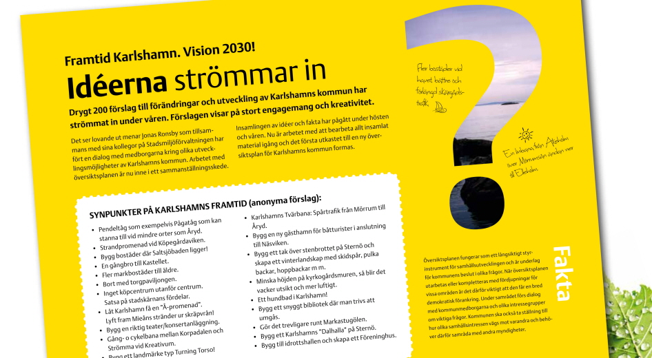 En gul trycksak om medborgardialog i Karlshamn.