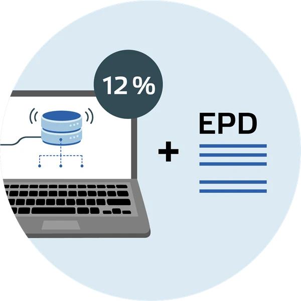 Dator med databas på skärmen. 12% i cirkel intill + EPD
