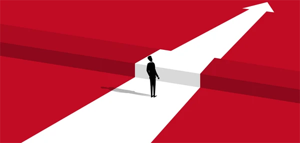 Illustrationen på en person som står inför en tröskel hög som en mur.