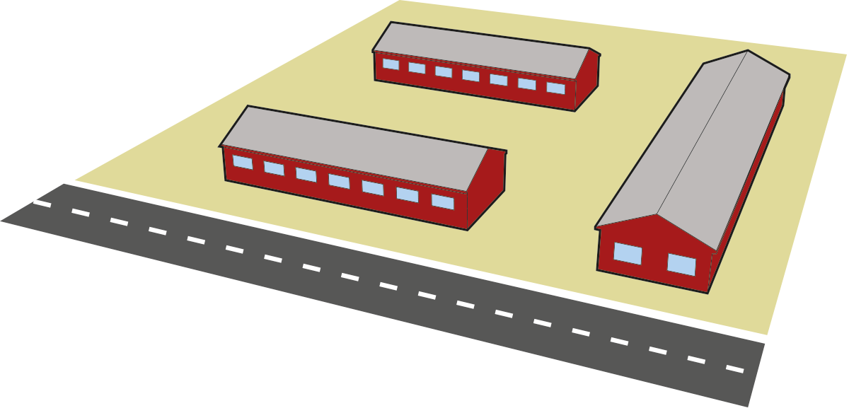 Illustration av tre fristående byggnader