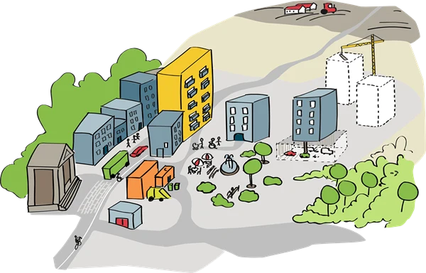 Illustration över bebyggelse längs en gata, torg med människor och träd, traktor i bakgrunden och två vita block däremellan.