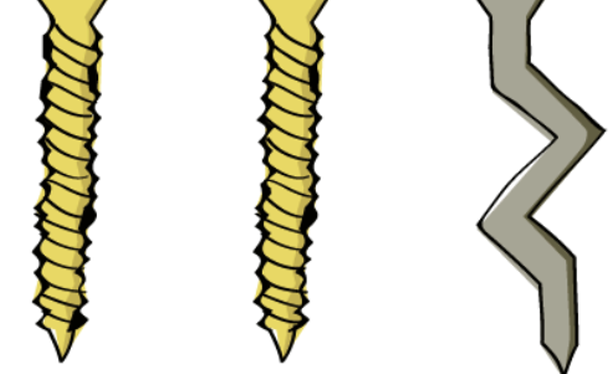 Illustration av tre skruvar, där två är utformade som vanliga skruvar och en är böjd och krokig.