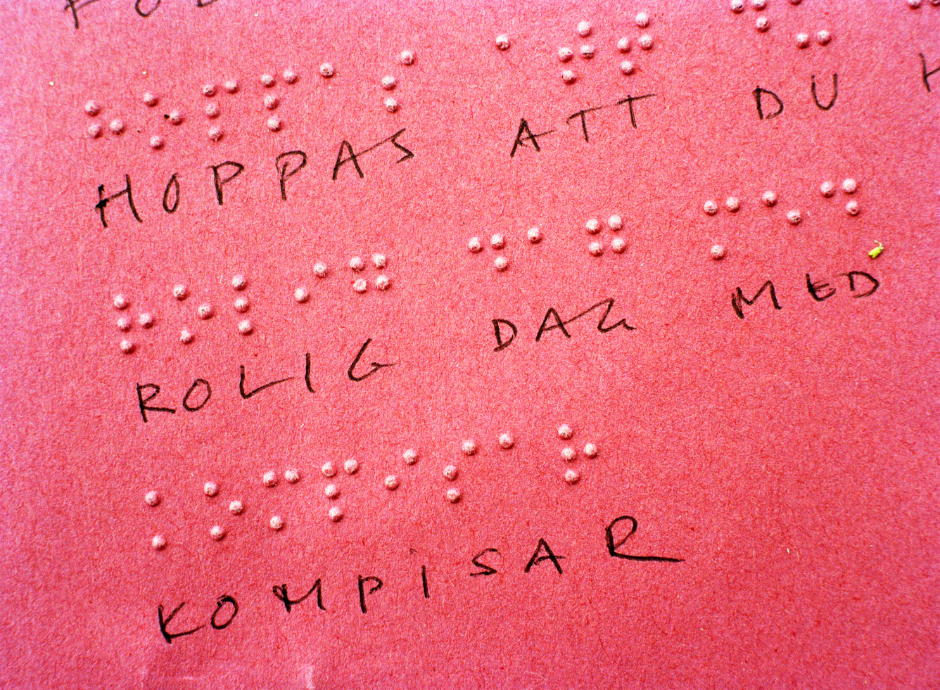 Foto på översatt Braille text med innebörd: Hoppas du har roligt med kompisar.