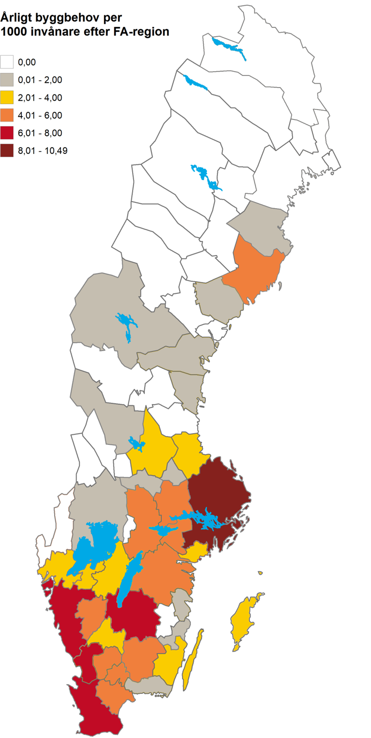 Karta över årligt byggbehov per 1 000 invånare efter FA-region.