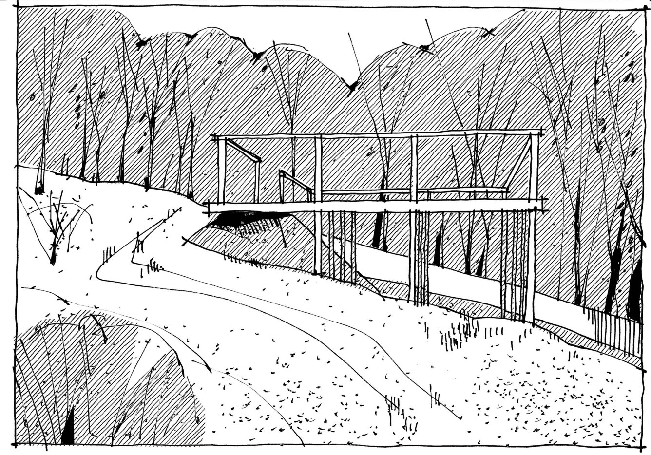 Illustration av en fristående altan på pålar och med staket i en slänt.