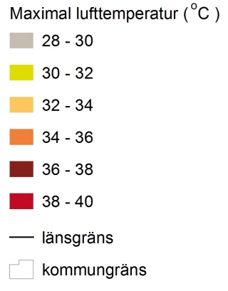 Förklaringar till kartan med maximala lufttemperaturer. Illustration: Boverket