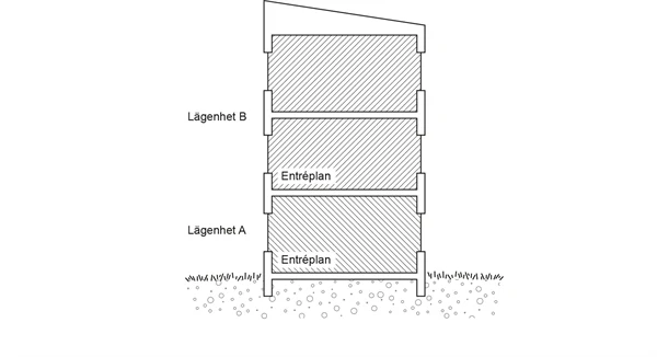 Illustration av bostadshus med tre våningar.