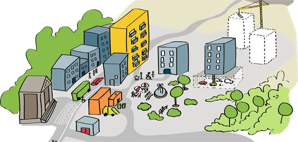 Illustration på en stad med olika typer av byggnader.