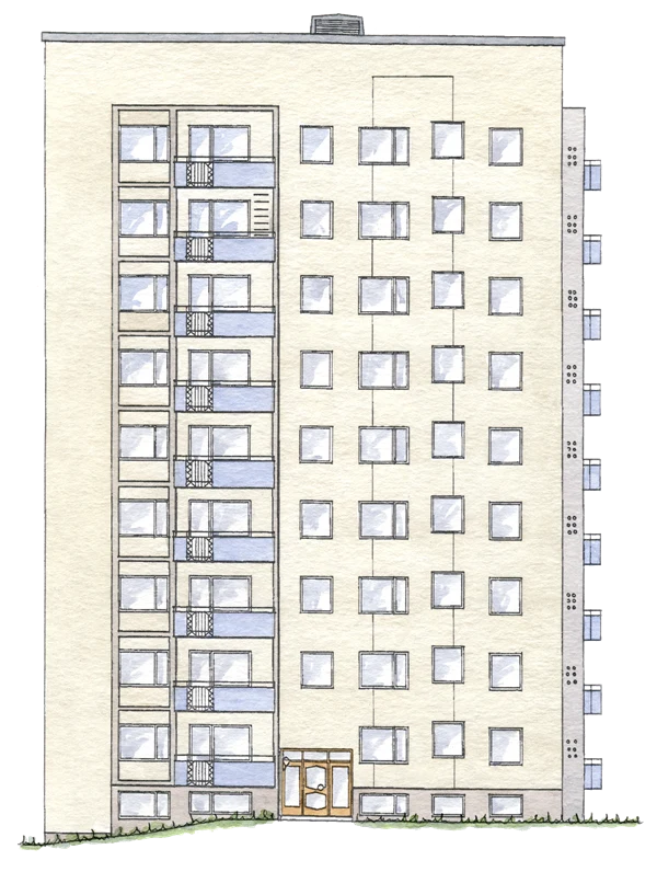 Illustration av ett ljusgult punkthus i flera våningar.