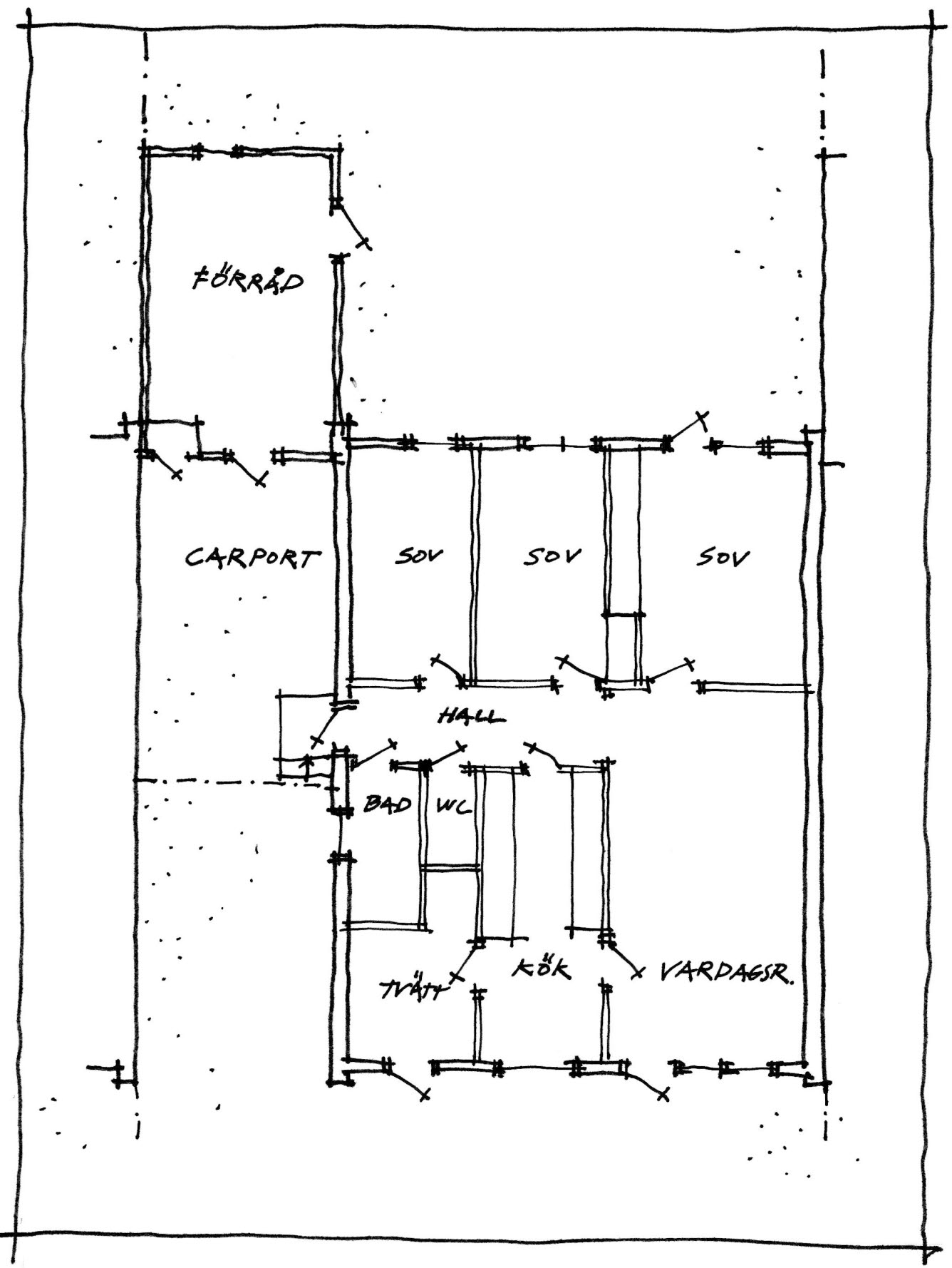 Illustration av en planritning av en villa innan ändring.