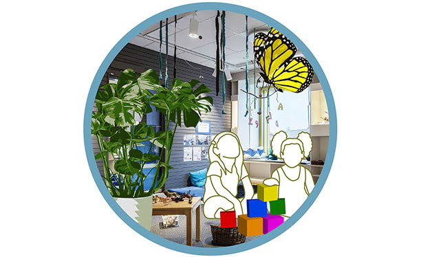 Illustrerade barn som sitter i ett kök och tittar på en illustrerad fjäril i en blå cirkel.