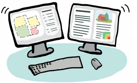 Illustration som visar två datorskärmar