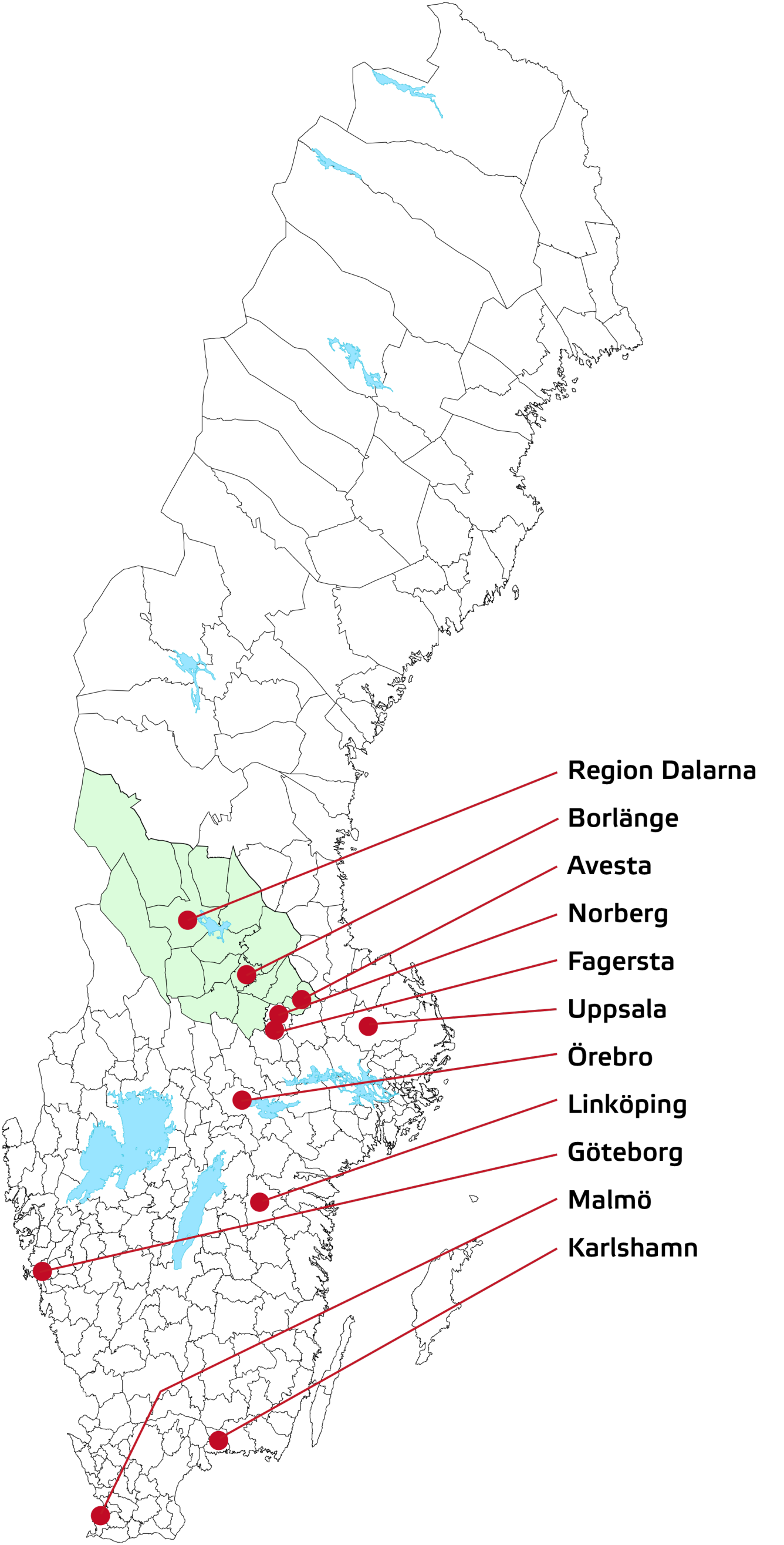 Sverige karta där de 11 exempelorterna är markerade.