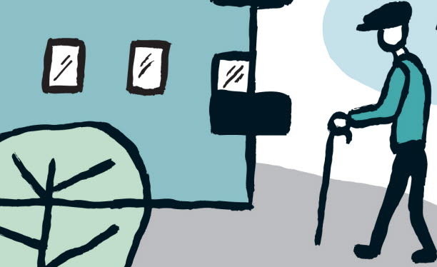 Illustration of a person with a walking stick in front of a building and a tree