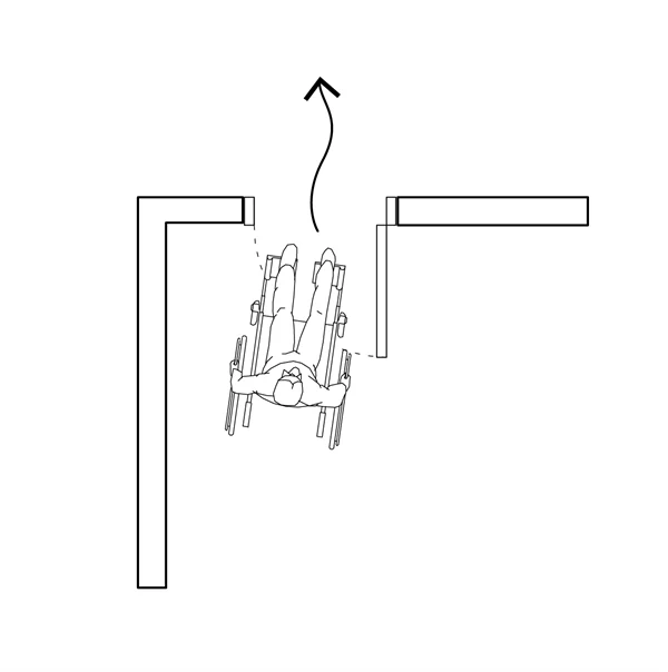 Illustration på en person i rullstol som passerar genom en dörr.