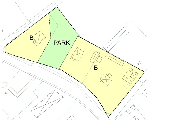 Illustration som visar en tomt som är mindre än fastigheten eftersom en del av fastigheten består av Allmän plats - PARK.