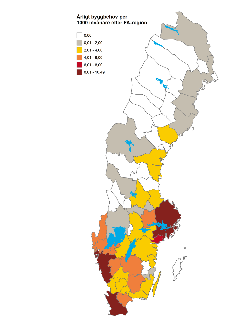 Karta över årligt byggbehov per 1 000 invånare efter FA-region.
