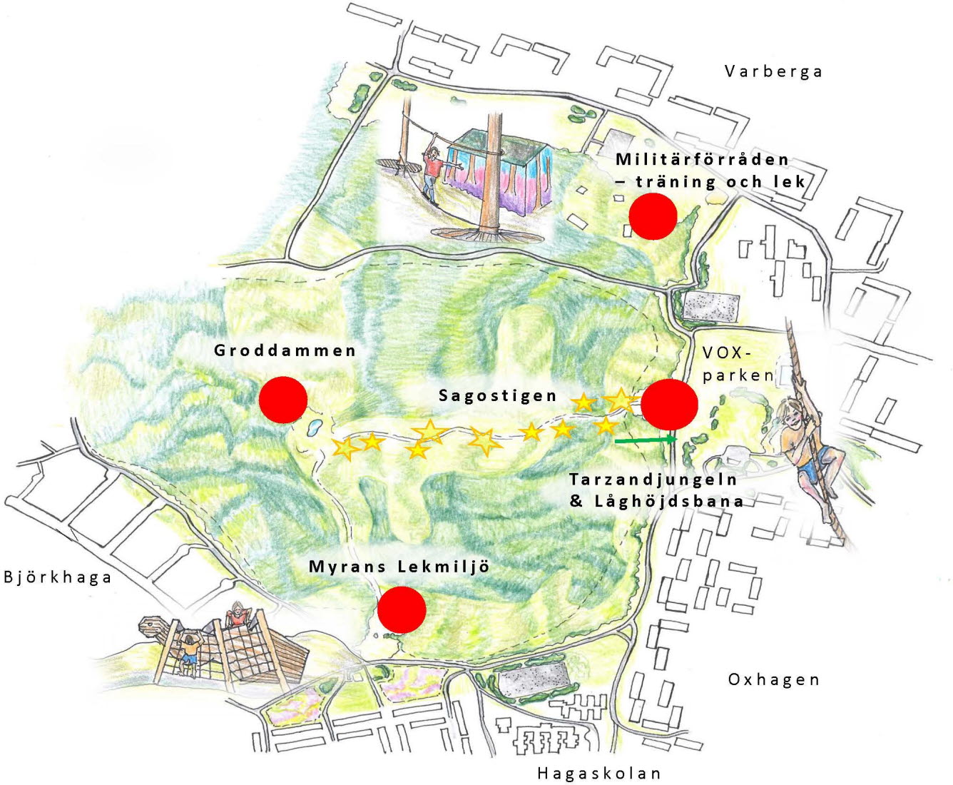 Karta över Varbergaskogen där de olika lekattraktionerna är utmärkta.