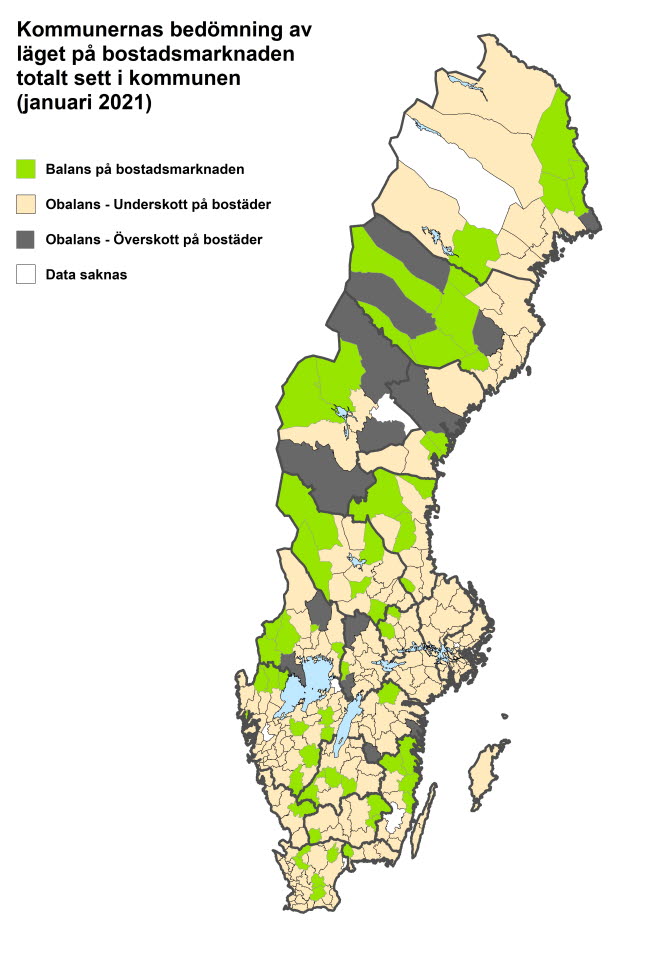 Karta över Sverige som visar kommuners bedömning av bostadsmarknadsläget som helhet i januari 2021.