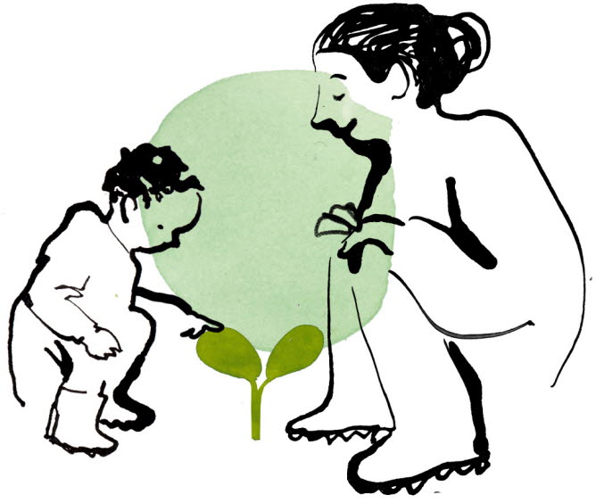 Illustration av ett barn och en ungdom som tittar på en planta.