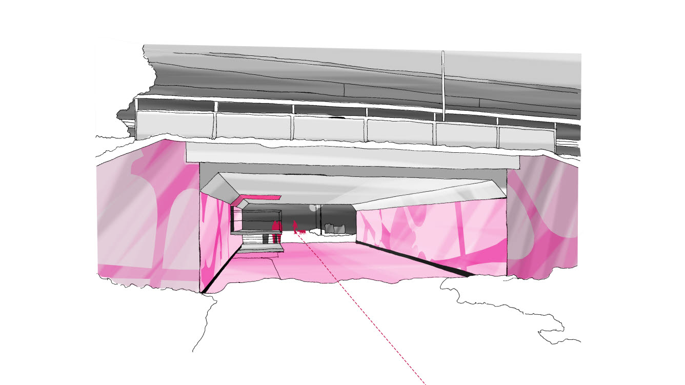 Illustrationen visar en tunnel som har en bra vidvinkel och som upplevs som trygg eftersom den har ljusa väggar.