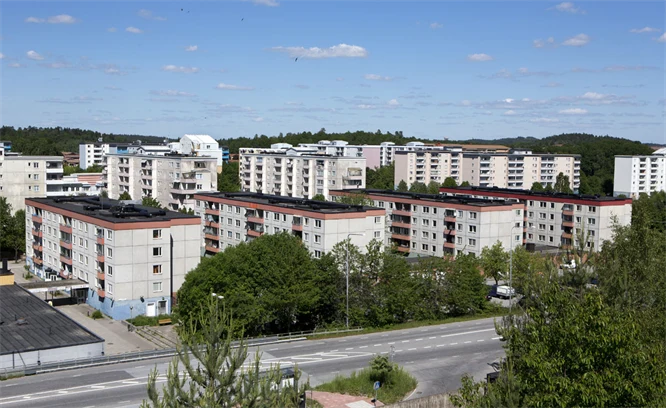 Översiktsbild över område med lägenhetshus
