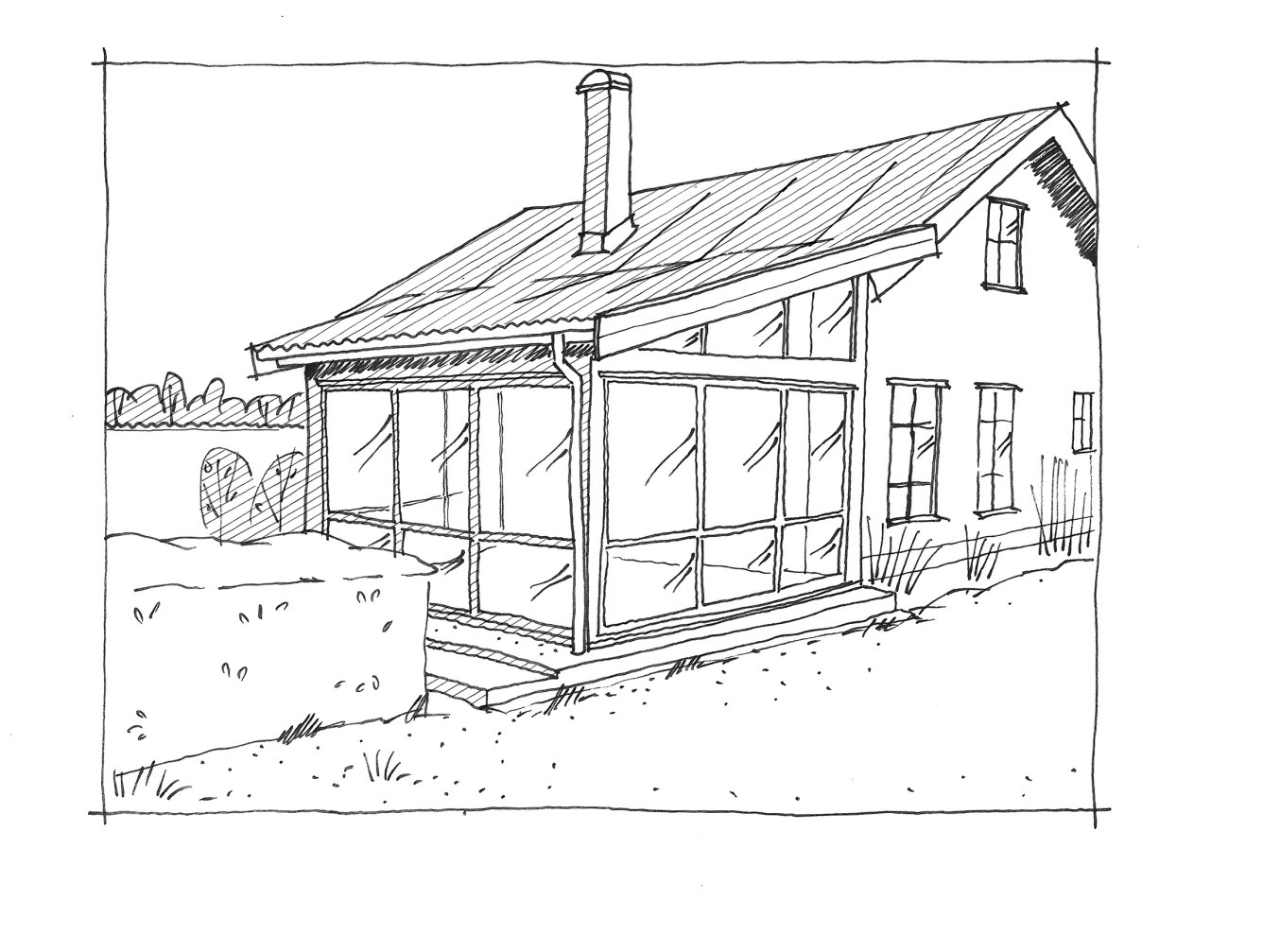 Illustration av ett inglasat uterum på en villa.