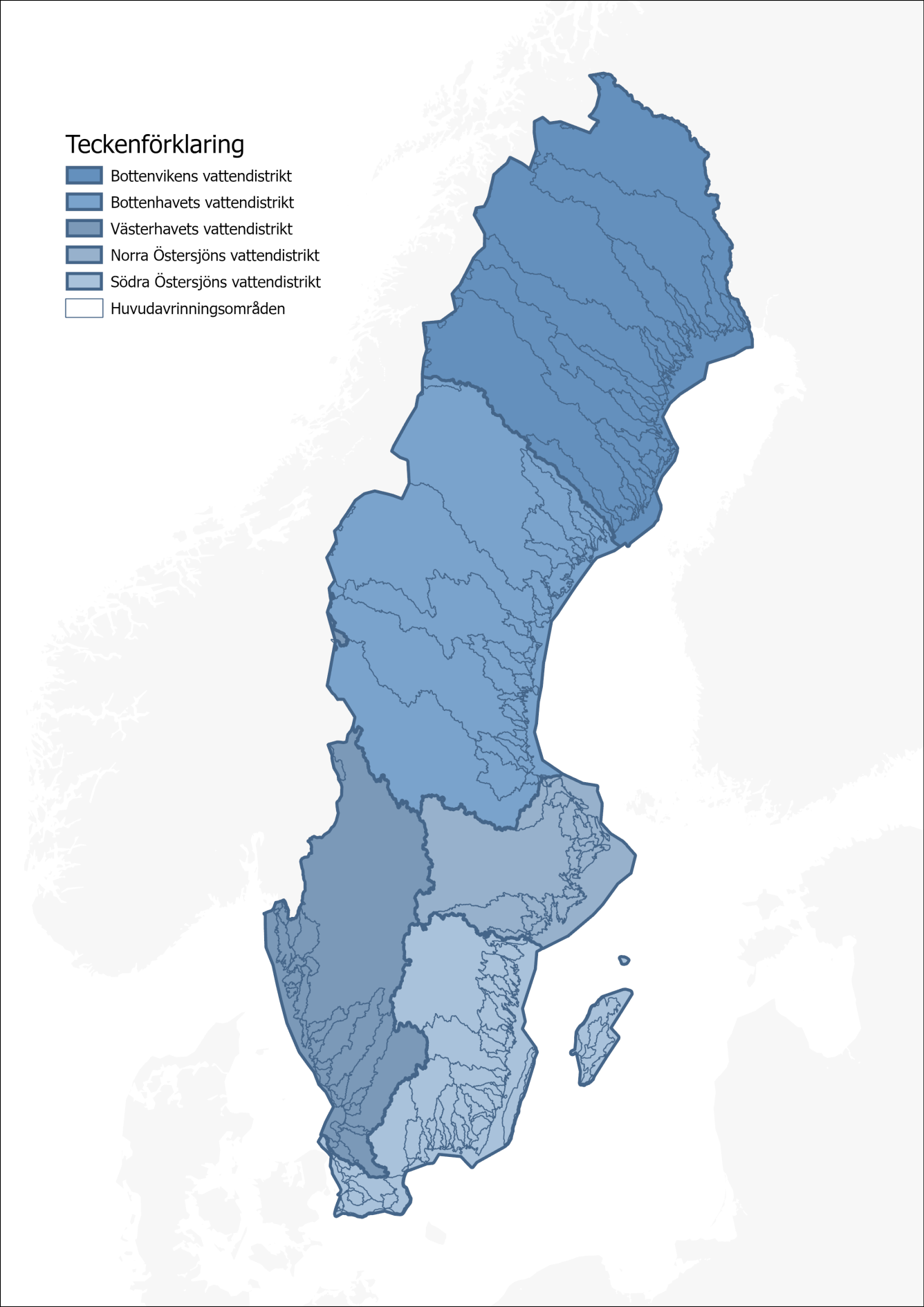 Sverigekarta indelad i fem vattendistrikt: Bottenvikens, Bottenhavets, Västerhavets, Norra Östersjöns och Södra Östersjöns.