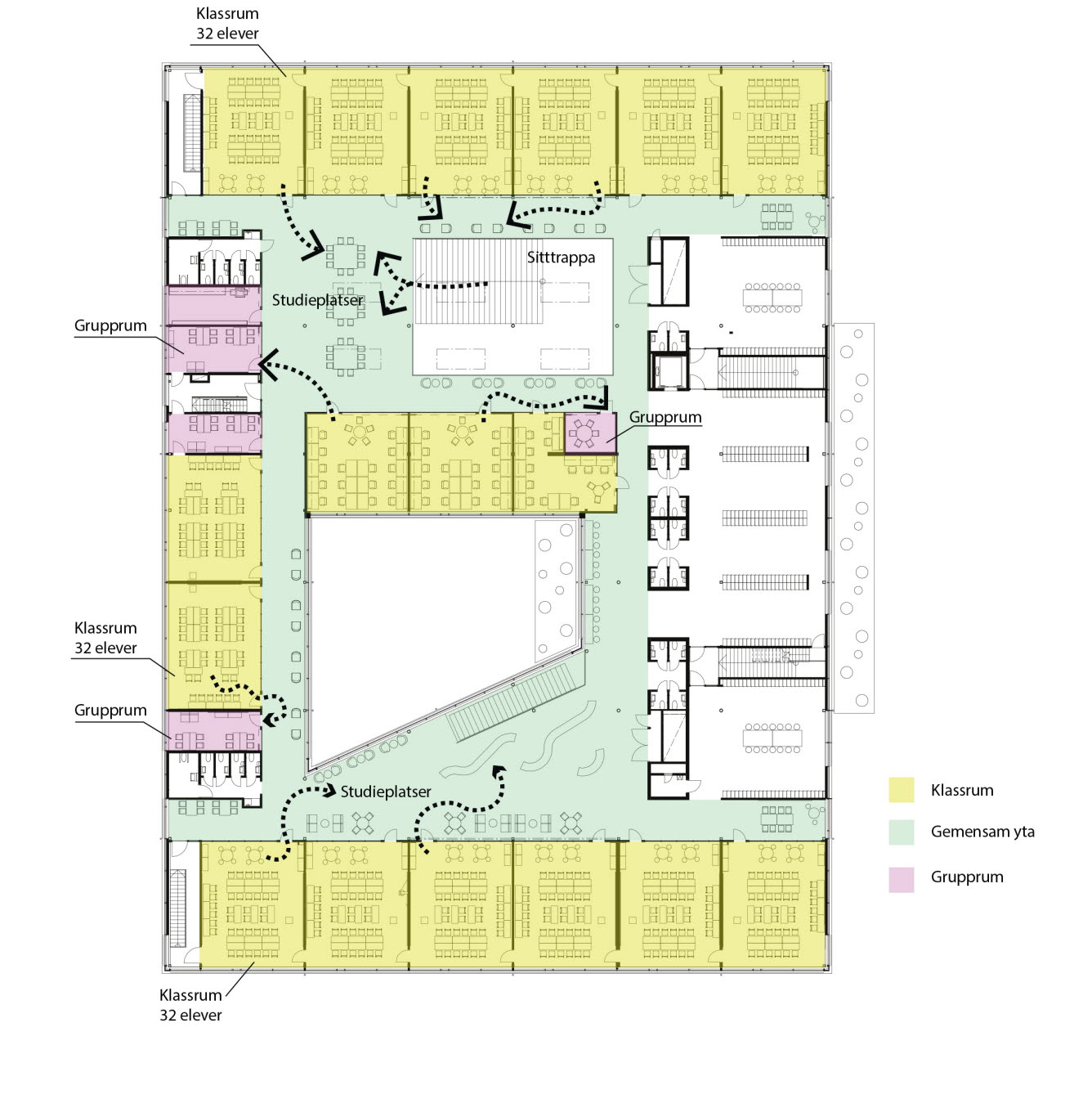 Ritning på våningsplan som visar klassrum, gemensam yta och grupprum.