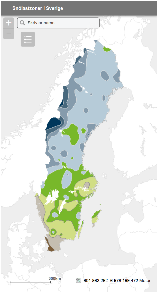 Karta över snölastzonerna i Sverige.