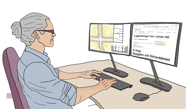 Illustration av en person som arbetar framför två datorskärmar.