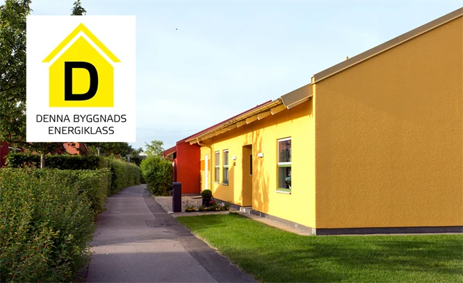 Villagata med gult och rätt hus. Symbolen för energiklass D i energideklarationen.