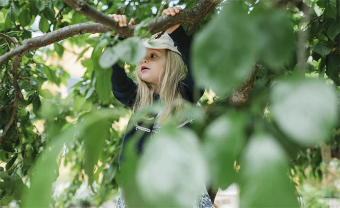Flicka som hänger i en gren bakom gröna blad.