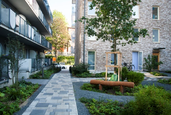 Kvarteret Stora Sjöfallet med naturinspirerad bostadsgård intill linjära och stiliserade gångar.