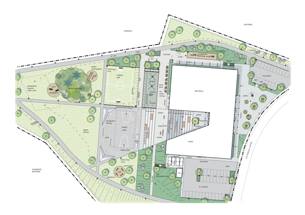 Arkitektritning över skolans byggnader och området.